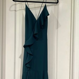 Low back, lace up v neck gown with slit